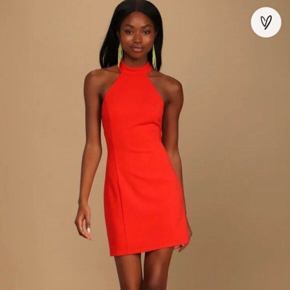 Lulu's Coral Red Bodycon Halter Mini Dress Large - Picture 1 of 12